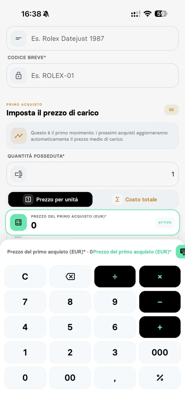 Form di creazione di un asset personalizzato in FinHub