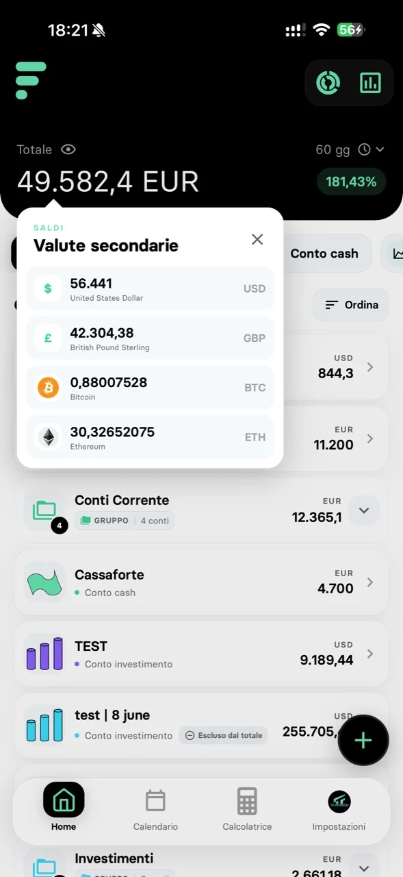 Dashboard FinHub con pannello delle valute secondarie